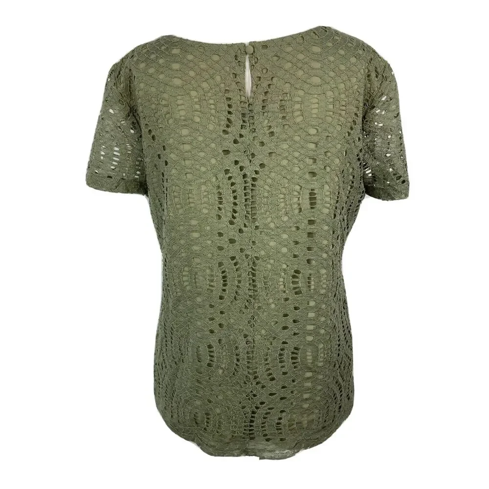 J. Crew Shirt Womens Sz 2 Olive Green Lace Crotchet Short Sleeve Top Rear‎ Zip